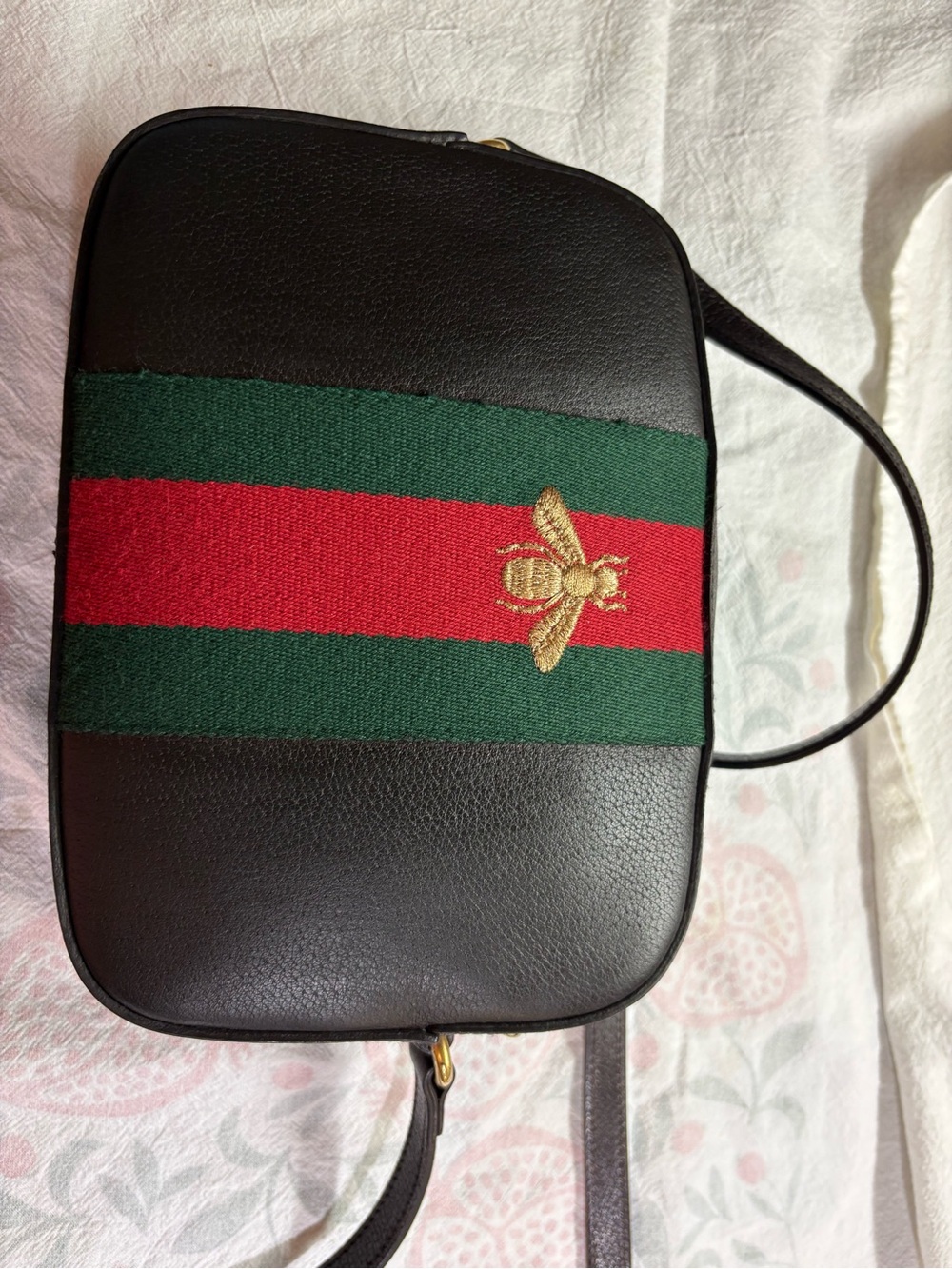 Gucci Brown Leather Messenger Bag with Green-Red Stripe and Gold Bee - Picture 5 of 10